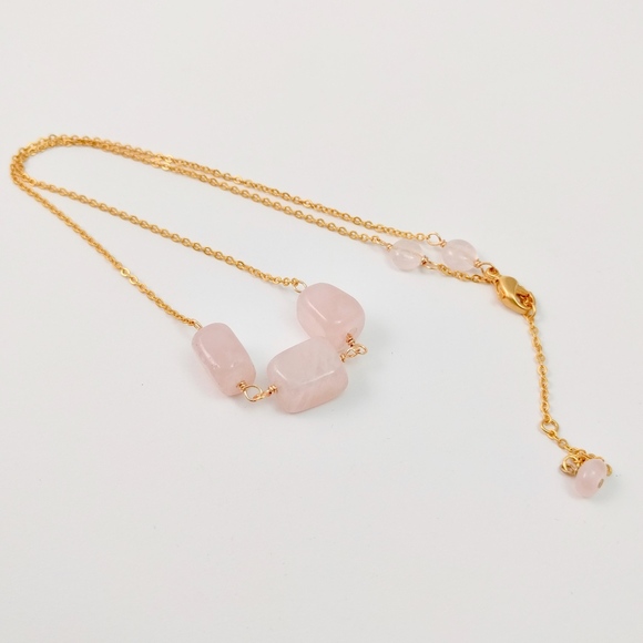Rose Quartz Trio Handmade Necklace on Gold Chain - Picture 3 of 8